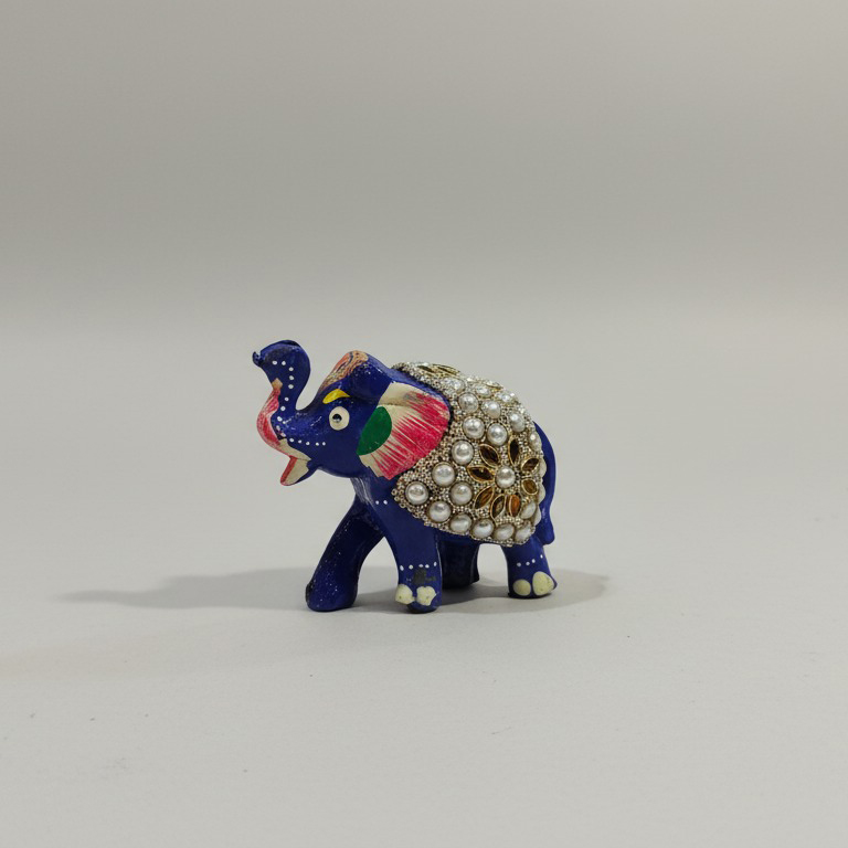 Blue Enamel Elephant Figurine with Kundan Work