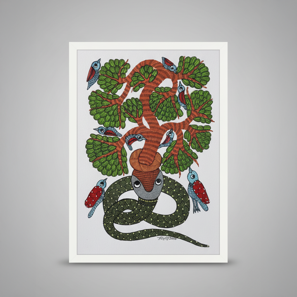 Gond Painting – Snake and Tree of Wisdom