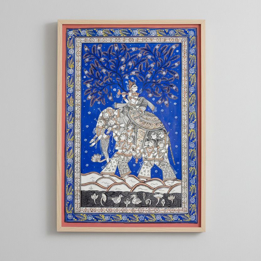 Pattachitra Painting – Royal Elephant beneath Blue Night (Framed)